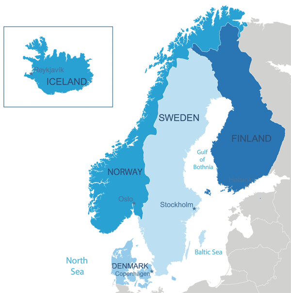 Map of Scandinavia: Iceland, Norway, Denmark, Sweden, Finland